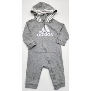 Adidas Gray Baby Hoodie Jumpsuit Romper 9 Months Logo White Stripes Zip Up